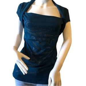 Rhapsody Shirt. Large.‎ Dark Blue-Green. Jewel Neck